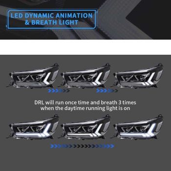 Μπροστινά Φανάρια Set Για Toyota Hilux Revo 15-19 Με Dynamic Start DRL &  Φλας Μαύρα Με Μοτέρ VLand