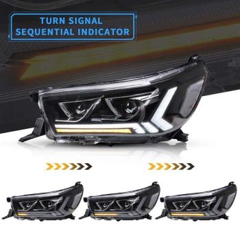 Μπροστινά Φανάρια Set Για Toyota Hilux Revo 15-19 Με Dynamic Start DRL &  Φλας Μαύρα Με Μοτέρ VLand