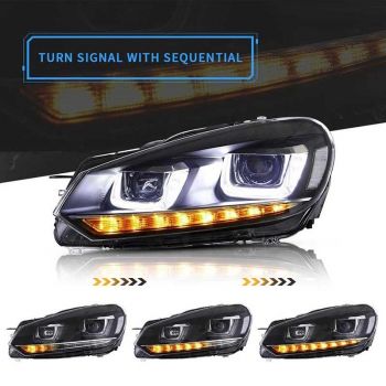 Μπροστινά Φανάρια Set Για Vw Golf VΙ (6) 08-12 DRL U-Type & Dynamic Φλας Μαύρα H7/H7 Με Μοτέρ VLand