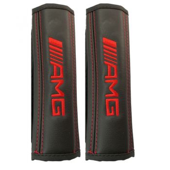 Μαξιλαράκια ζώνης AMG (MERCEDES) 22 X 7,5 cm από PVC δερματίνη σε μαύρο χρώμα με κόκκινο, ραμμένο logo και αυτοκόλλητες ταινίες τύπου velcro Race Axion - 2 τεμάχια